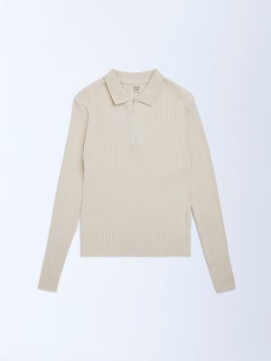 Y&F Kids Beige Ribbed Cotton-Blend Quarter-Zip T-Shirt