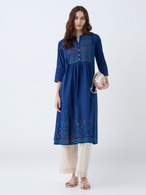 Utsa Indigo Embroidered Cotton A-Line Kurta