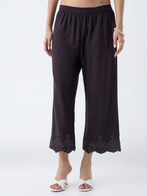 Utsa Black Mirror Work Cotton Ethnic Pants