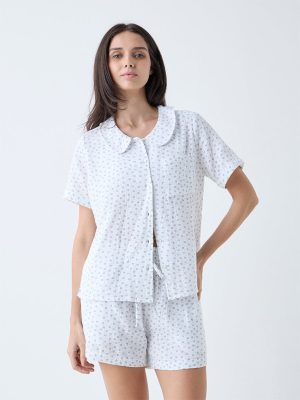 Wunderlove White Floral Design Cotton Shirt and Shorts Set