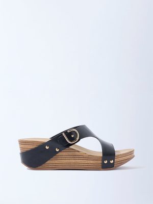 LUNA BLU Black Buckle-Detailed Wedge Sandals