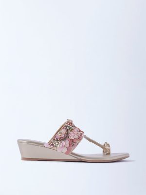 LUNA BLU Dull Gold Embellished Kolhapuri Wedge-Heel Sandals