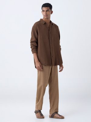ETA Brown Crinkle-Textured Relaxed-Fit Cotton Shirt
