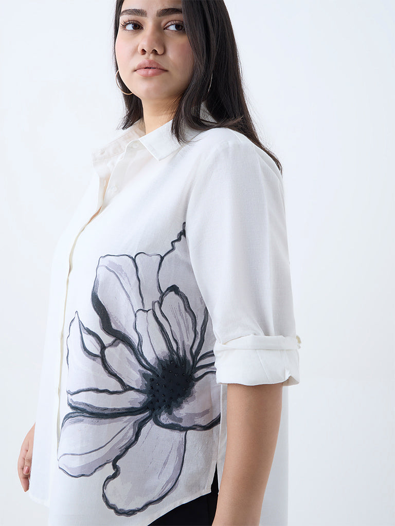 Gia White Floral Pattern Cotton Shirt - Image 3