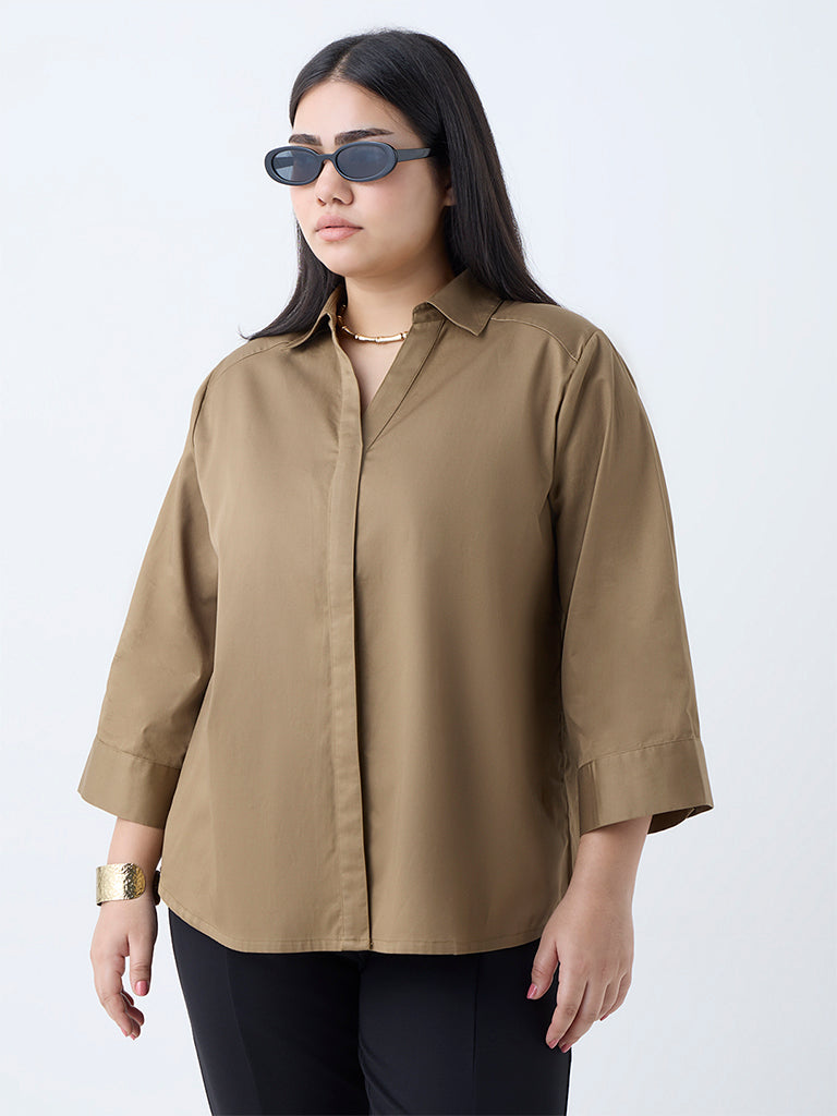 Gia Brown Solid Cotton Shirt - Image 2