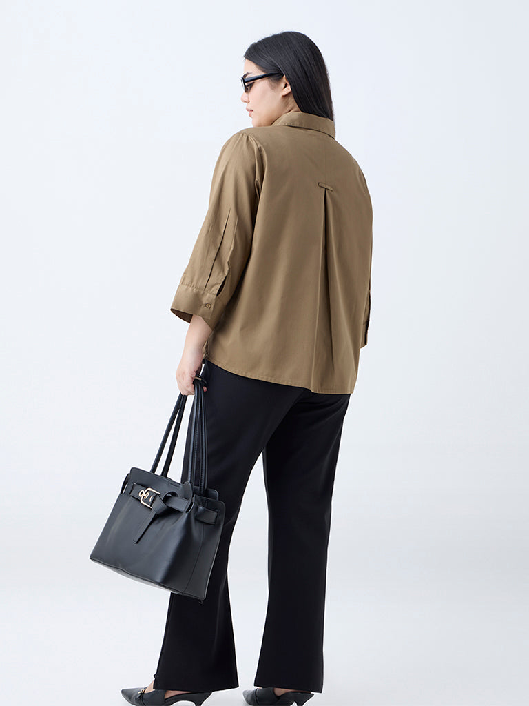 Gia Brown Solid Cotton Shirt - Image 4