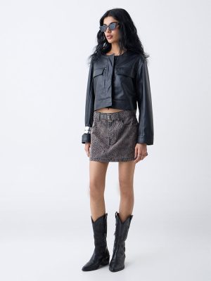 Nuon Black Animal Pattern High-Rise Cotton Mini Skirt with Belt