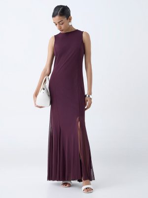 Wardrobe Wine Mesh Detailed Fishtail Dress