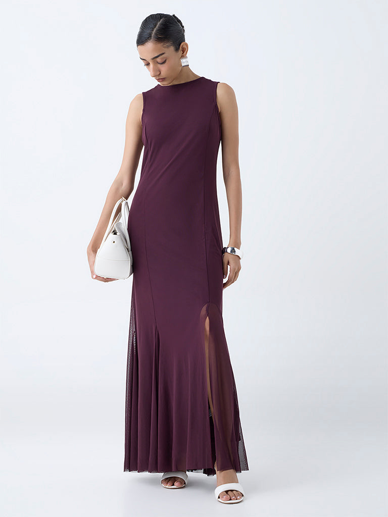 Wardrobe Wine Mesh Detailed Fishtail Dress