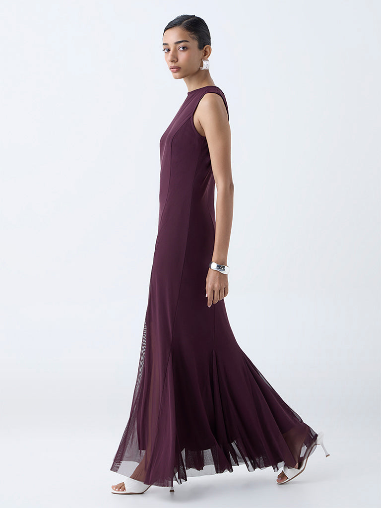 Wardrobe Wine Mesh Detailed Fishtail Dress - Image 2