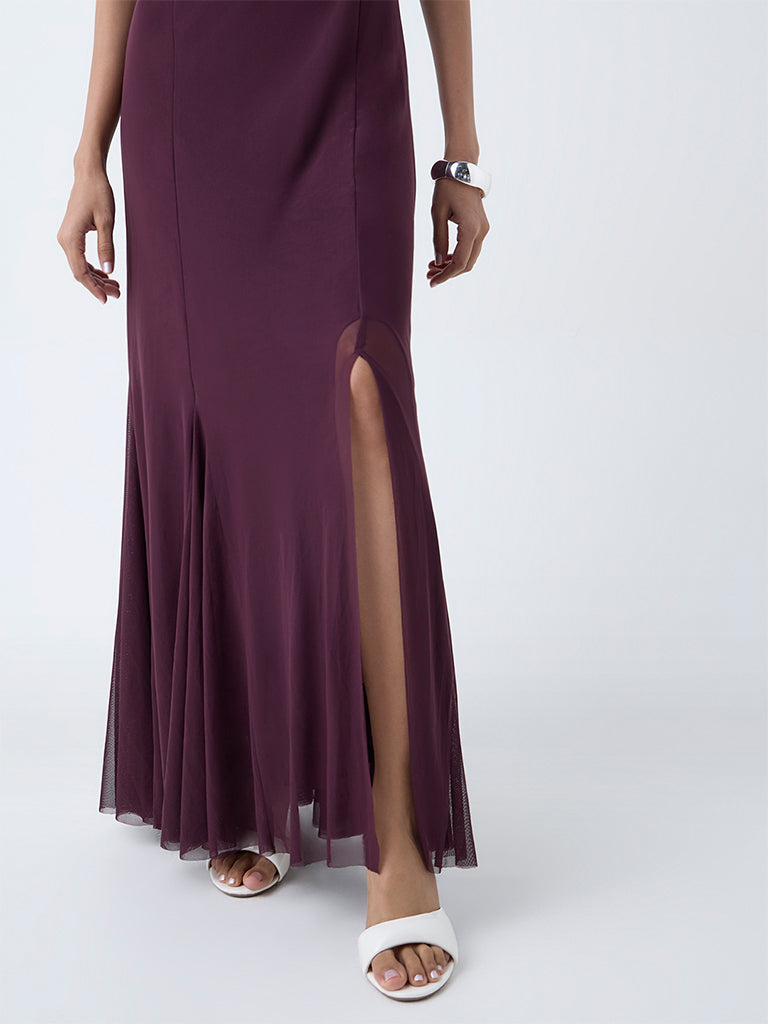 Wardrobe Wine Mesh Detailed Fishtail Dress - Image 3
