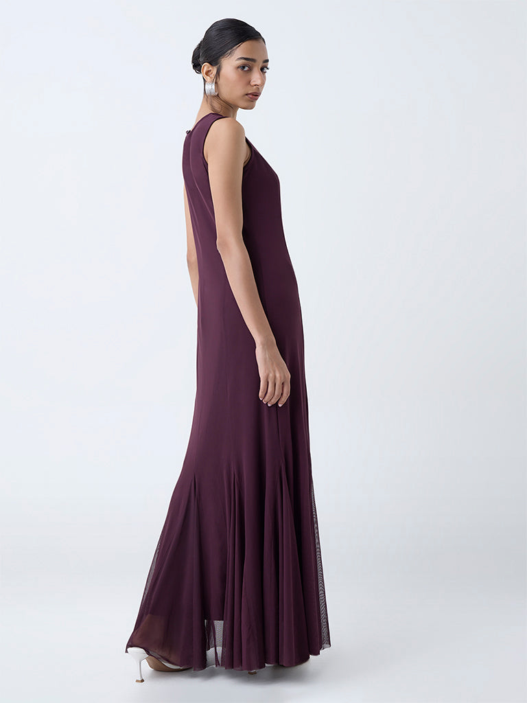 Wardrobe Wine Mesh Detailed Fishtail Dress - Image 4