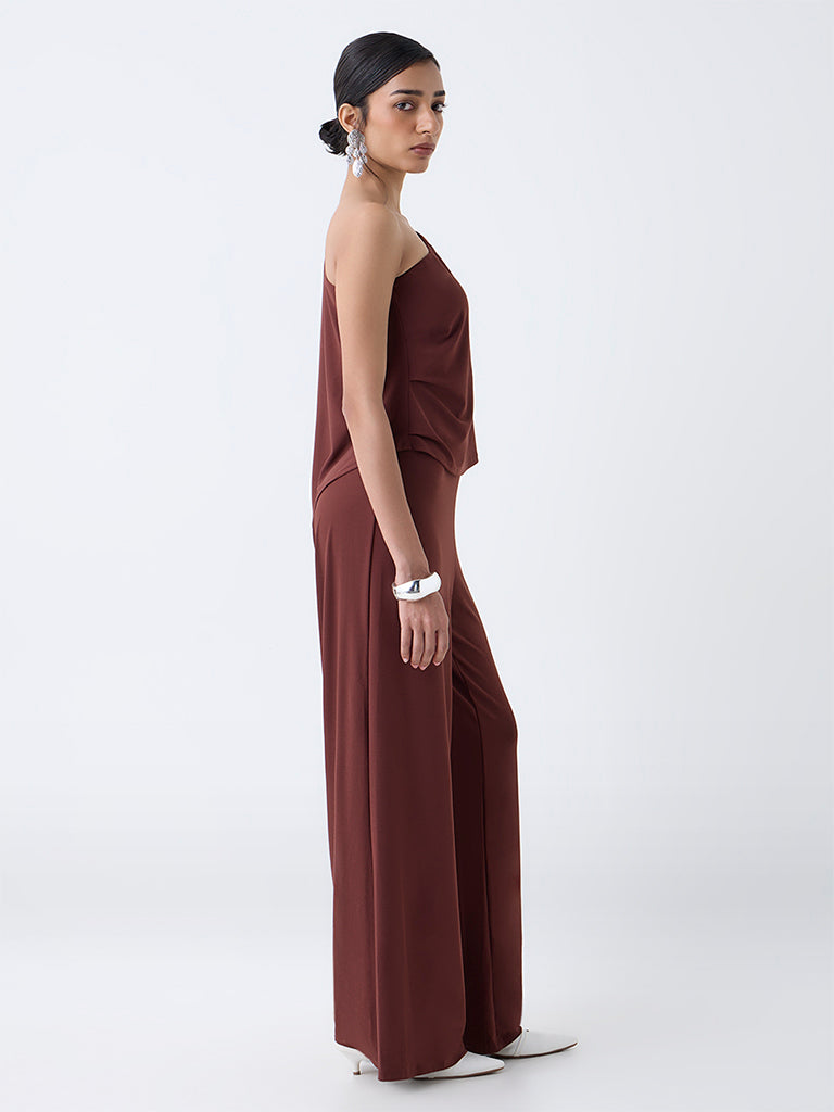 Wardrobe Brown Solid One-Shoulder Jumpsuit - Image 3