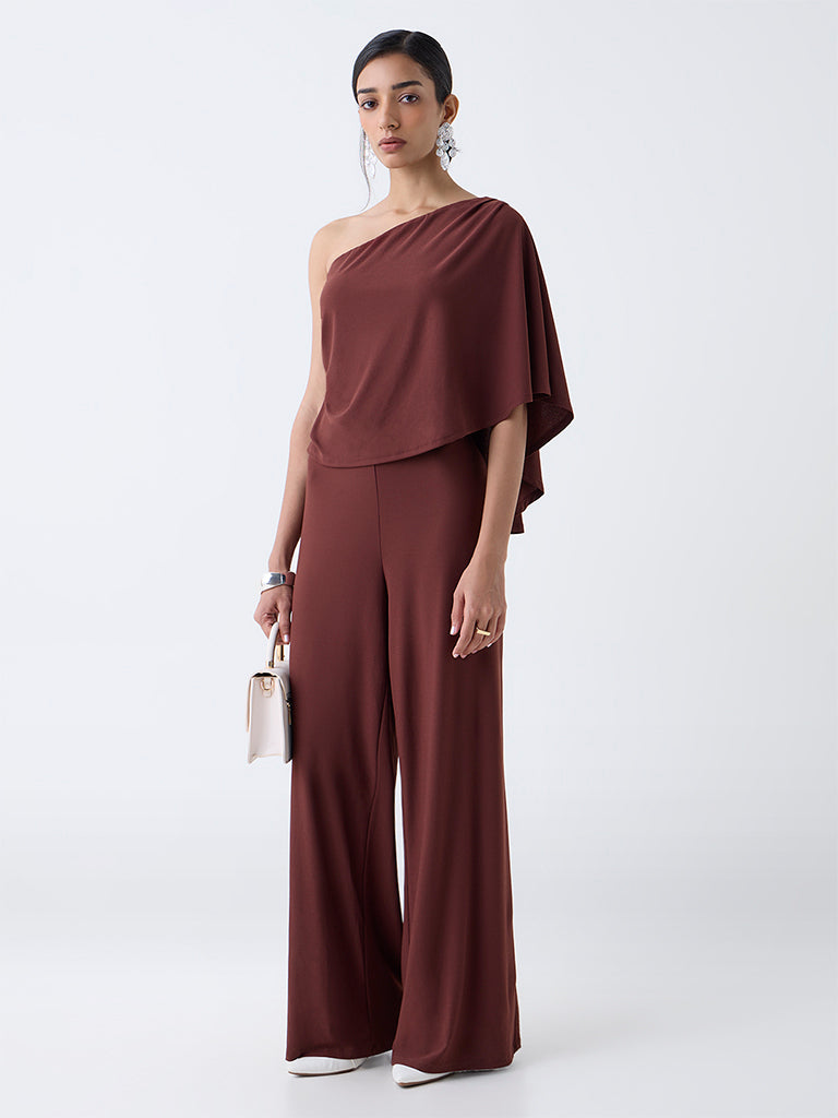 Wardrobe Brown Solid One-Shoulder Jumpsuit - Image 2