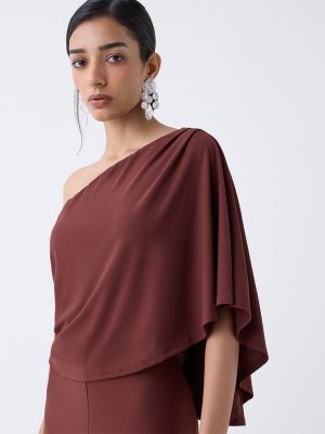 Wardrobe Brown Solid One-Shoulder Jumpsuit