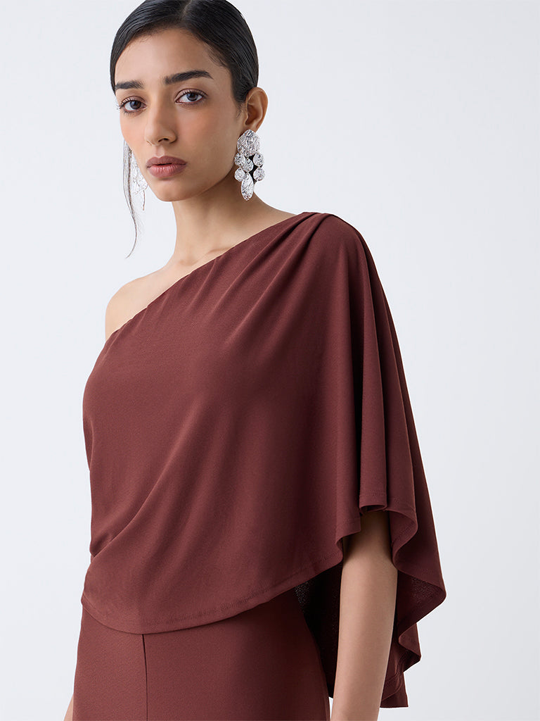 Wardrobe Brown Solid One-Shoulder Jumpsuit