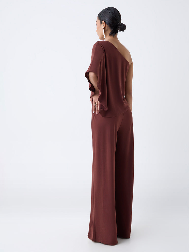 Wardrobe Brown Solid One-Shoulder Jumpsuit - Image 4