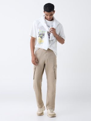 Nuon Beige Relaxed-Fit Mid-Rise Cotton-Blend Cargo Pants