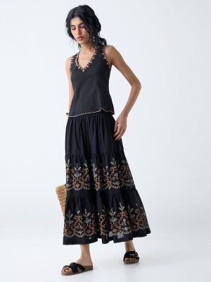 Bombay Paisley Black Botanical Design Cotton-Blend Skirt