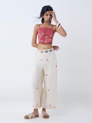 Bombay Paisley Off-White Embroidered Cotton-Blend Palazzos