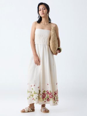 Bombay Paisley Off-White Floral Design Cotton Tube Dress