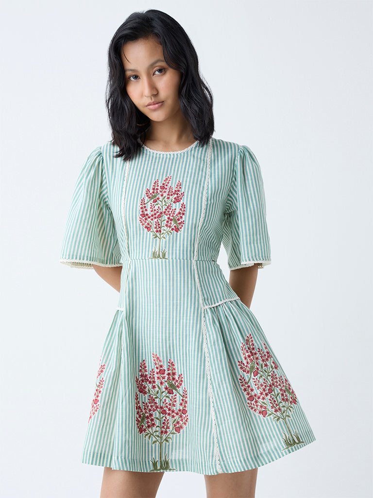 Bombay Paisley Green Floral Detailed Cotton A-Line Dress - Image 2