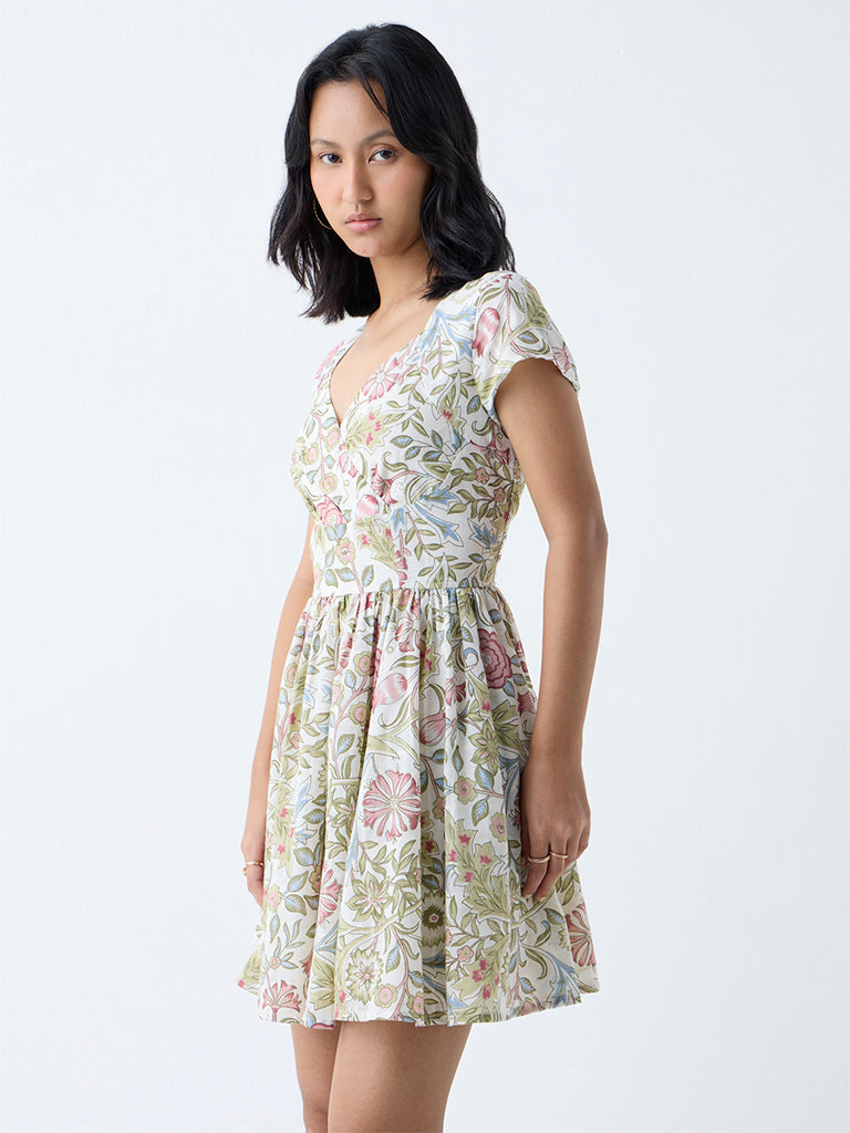 Bombay Paisley Multicolour Floral Cotton A-Line Dress - Image 2