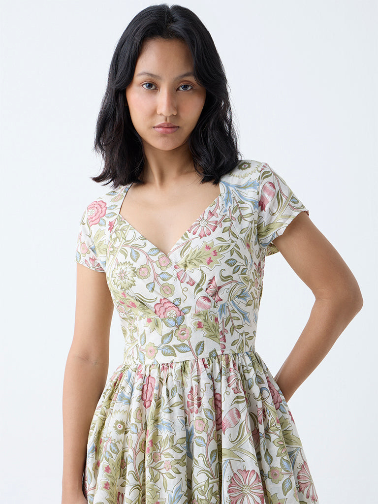 Bombay Paisley Multicolour Floral Cotton A-Line Dress - Image 3