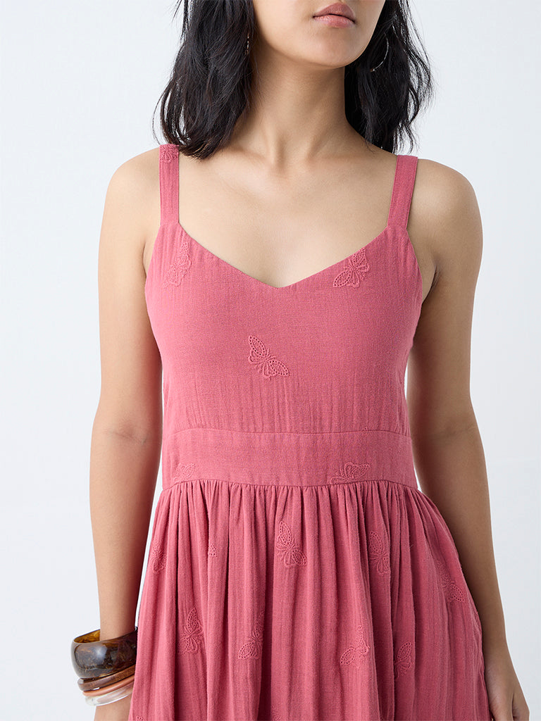 Bombay Paisley Dusty Pink Embroidered Cotton A-Line Dress - Image 3