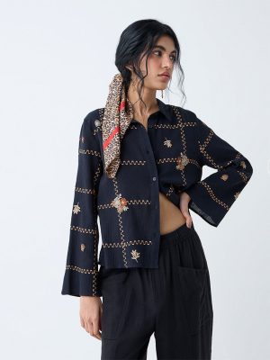 Bombay Paisley Black Embroidered Cotton Shirt