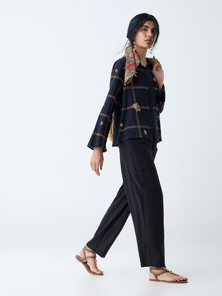 Bombay Paisley Black Embroidered Cotton Shirt - Image 2