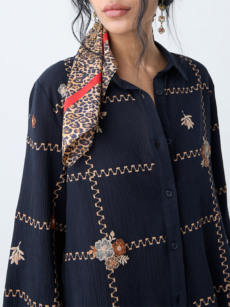 Bombay Paisley Black Embroidered Cotton Shirt - Image 3