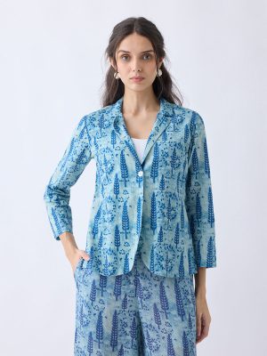 Utsa Blue Botanical Printed Cotton Jacket