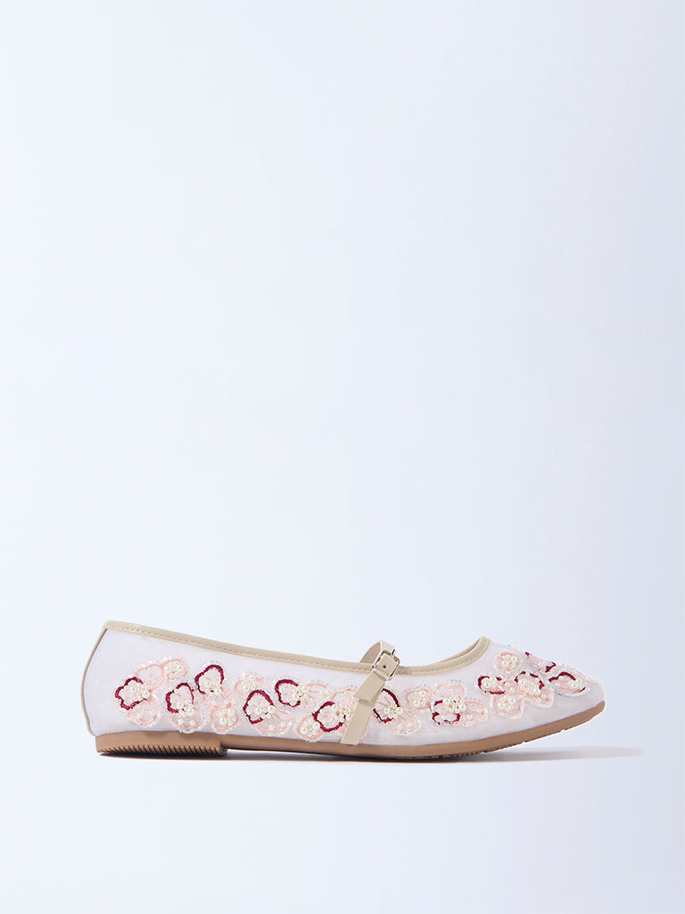 LUNA BLU Light Pink Floral Embellished Mary Jane Shoes