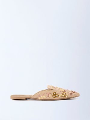 LUNA BLU Beige Embroidered Mules