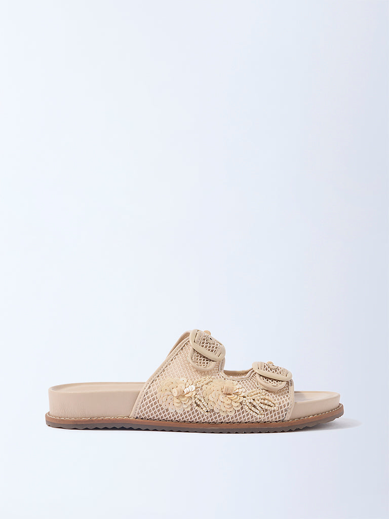 LUNA BLU Beige Mesh Detailed Slip-On Sandals