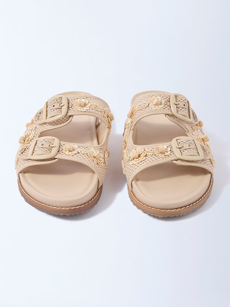 LUNA BLU Beige Mesh Detailed Slip-On Sandals - Image 3