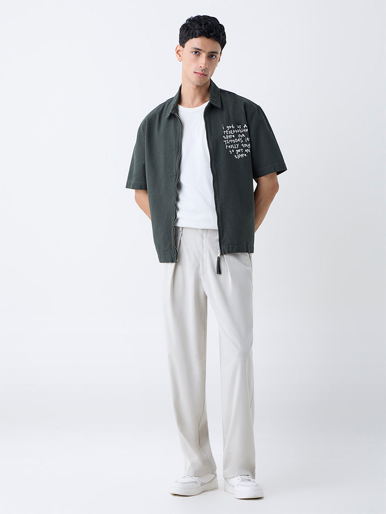 Nuon Off-White Solid Loose-Fit Mid-Rise Cotton Chinos