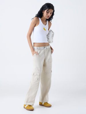 Nuon Beige Cargo-Style High-Rise Cotton Pants