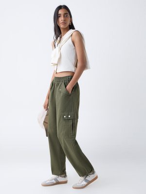 Nuon Green Cargo-Style High-Rise Cotton Joggers
