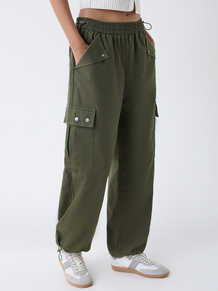 Nuon Green Cargo-Style High-Rise Cotton Joggers - Image 2