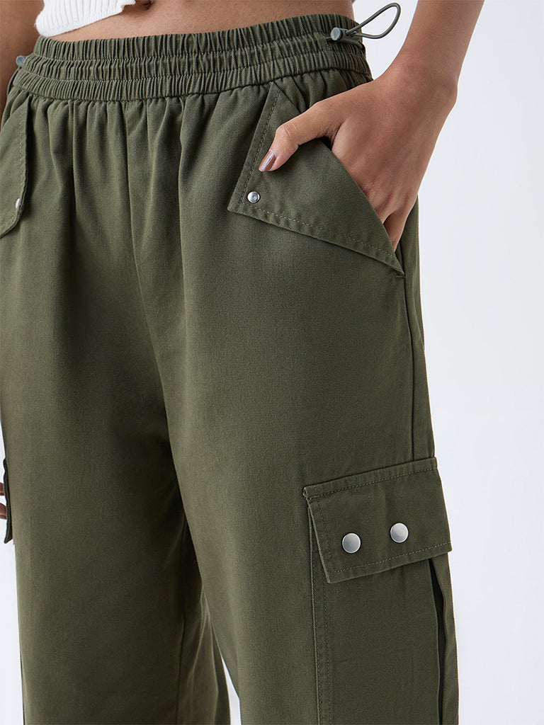 Nuon Green Cargo-Style High-Rise Cotton Joggers - Image 3