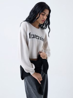 Nuon Light Beige Text Embroidered Sweater