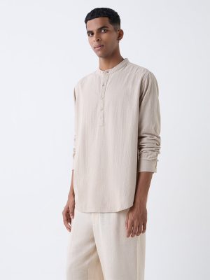 ETA Beige Self-Patterned Relaxed-Fit Cotton-Blend Shirt