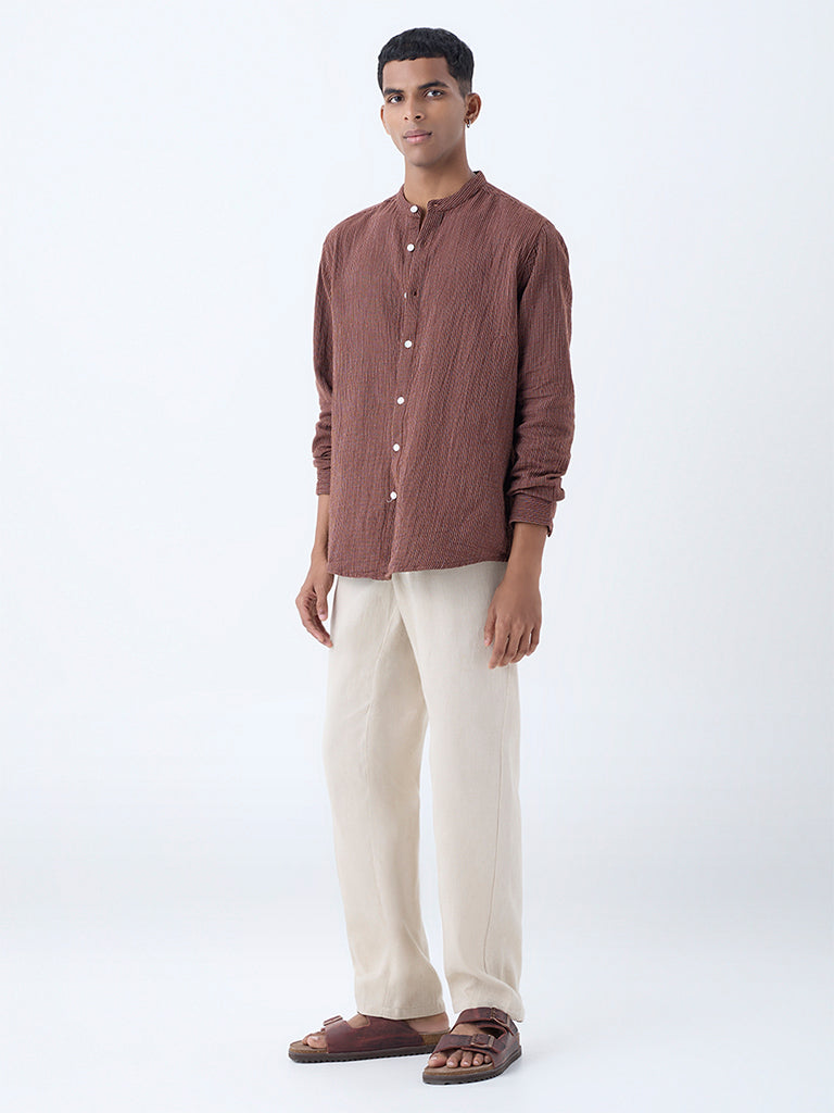 ETA Brown Striped Relaxed-Fit Cotton Shirt - Image 3