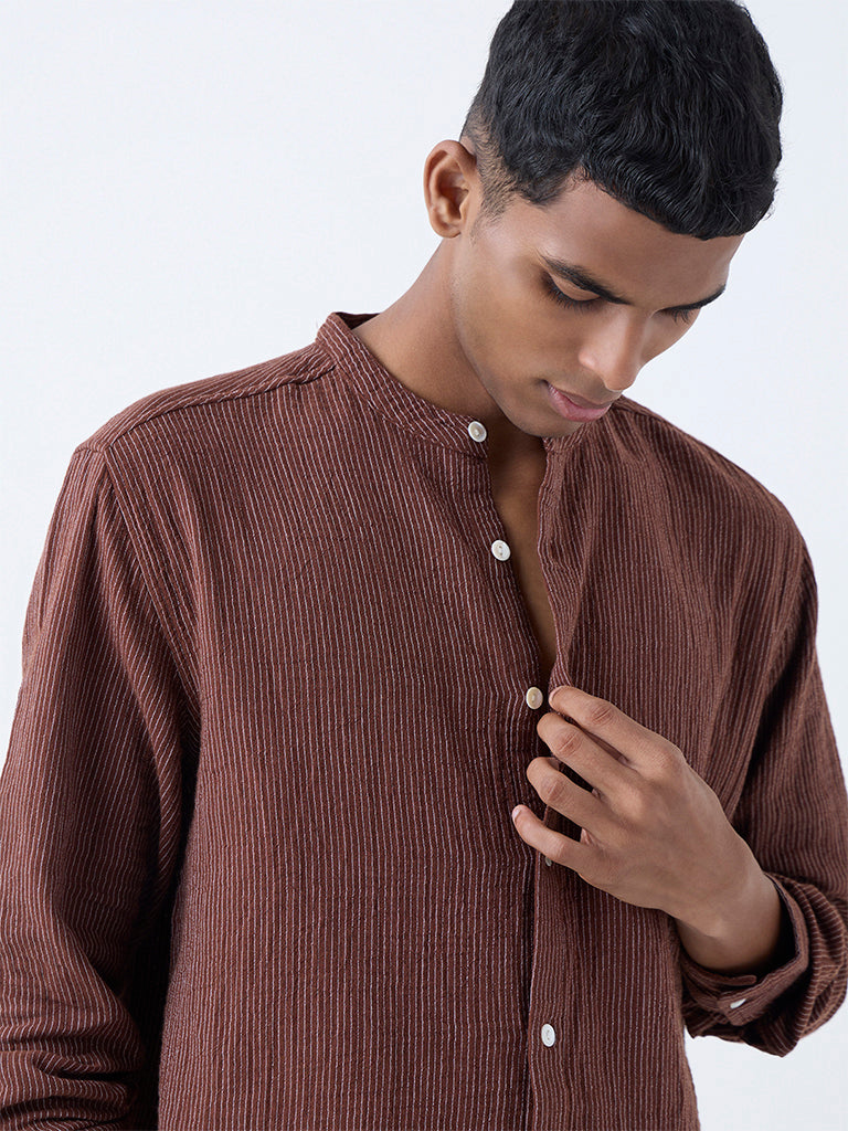 ETA Brown Striped Relaxed-Fit Cotton Shirt - Image 4