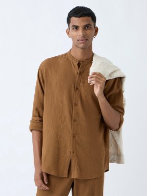 ETA Brown Crinkle-Textured Relaxed-Fit Cotton Shirt