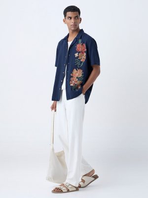 ETA Navy Floral Embroidered Relaxed-Fit Cotton Shirt