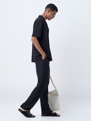 ETA Black Textured Relaxed-Fit Cotton-Blend Shirt