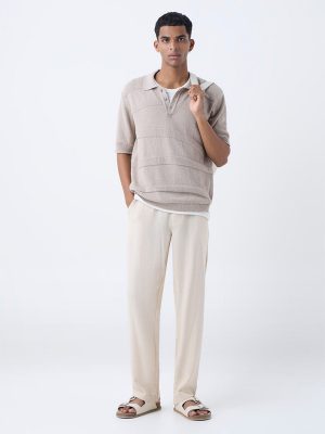 ETA Beige Self-Striped Relaxed-Fit Cotton Polo T-Shirt